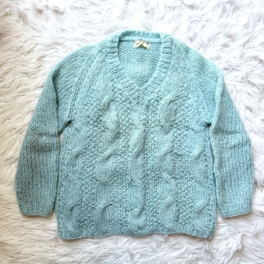 Vintage Cabincore Cozy Knit V-Neck Cable Knit Mohair Sweater Top Italy S/M